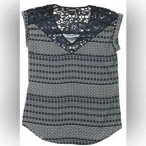 Express Lace Yoke V-neck Blouse Top Size Small Blue Off White Black Flowy Cuffed